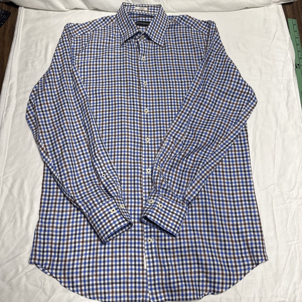 Bullock & Jones Brown Blue White Plaid Button Down Med